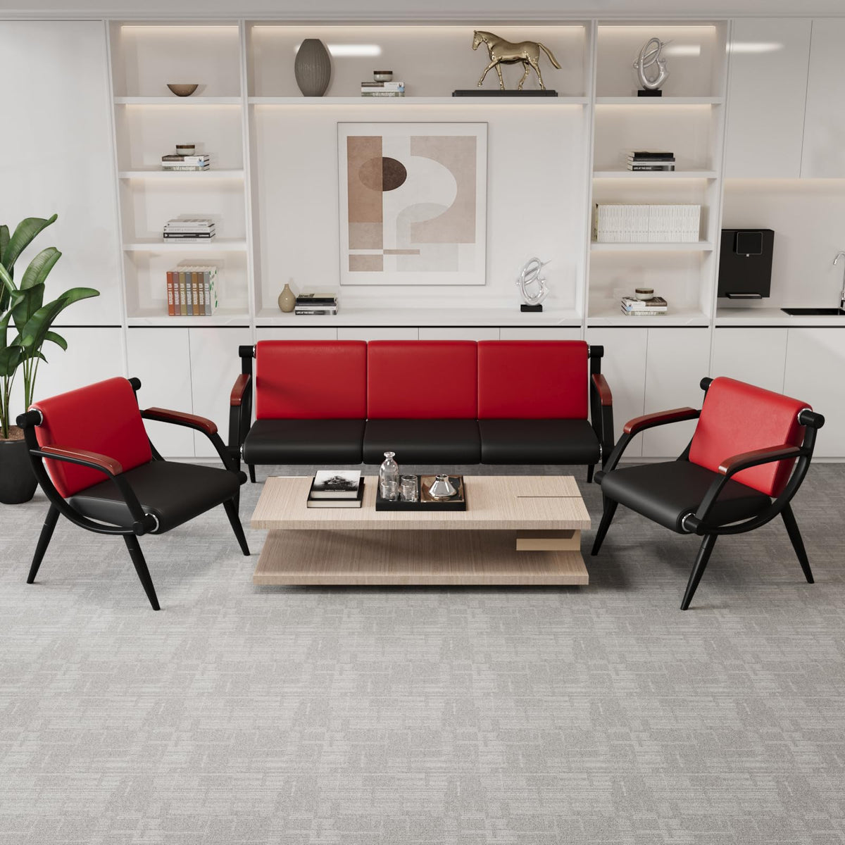 wonline Waiting Room Bench, Office Furniture Reception Chairs with Arms, Leather Chairs is Suitable for Clinic,Airport,Hospital,Barber,Salon,Bank-(Red&Black,4pcs)
