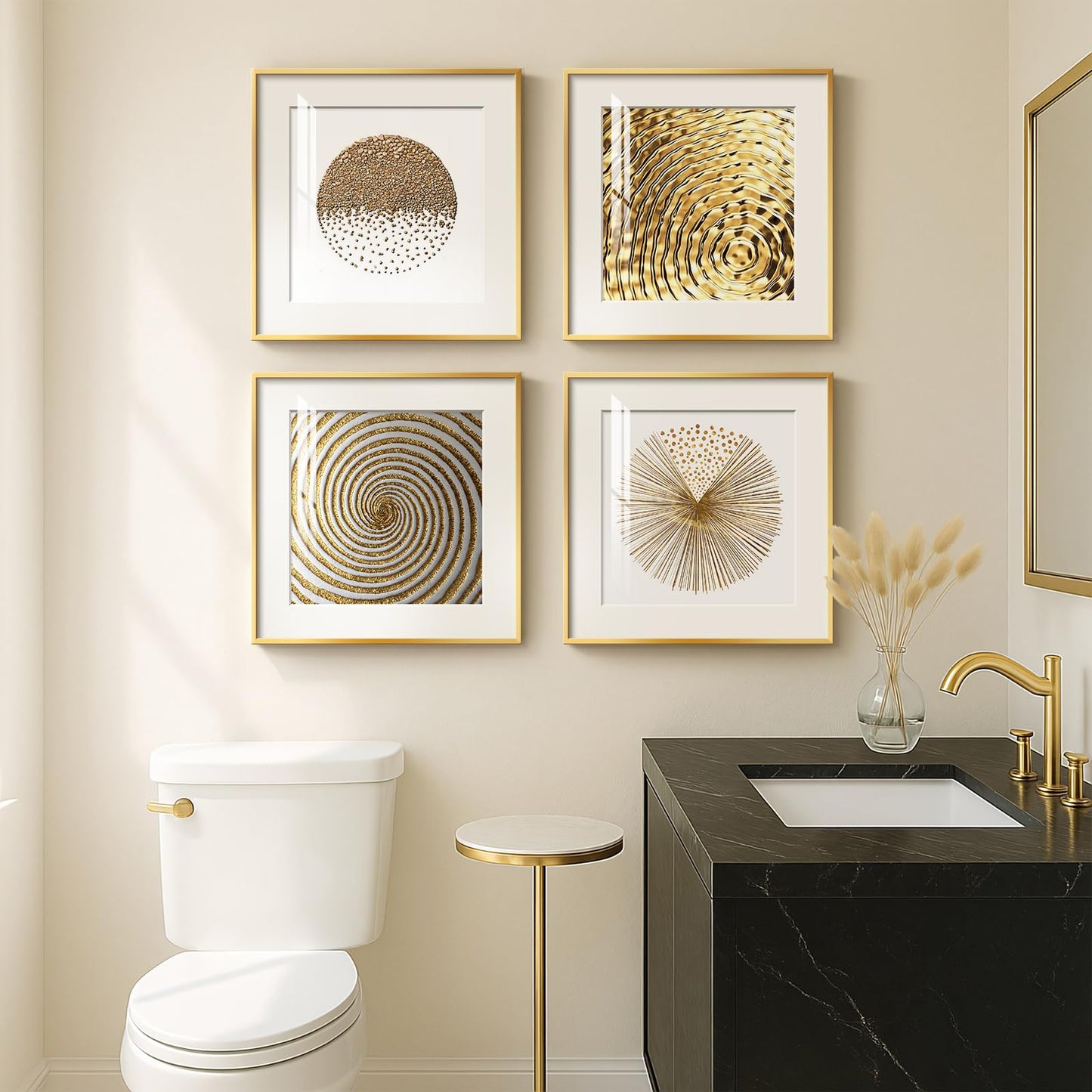 4 Pcs Framed Modern Gold and White Wall Art, Luxury Minimalist Canvas Pictures Prints, Geometric Painting Artwork Home Decoration for Hallway, Bathroom, Dining Room and Living Room