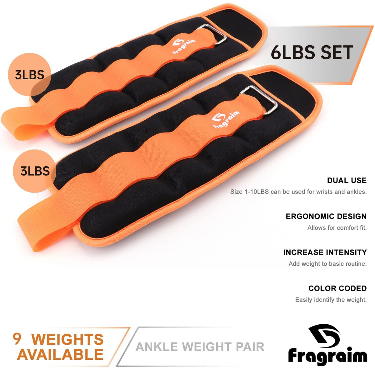 Ankle Weights for Women, Men and Kids - 3 LBS x 2 Strength Training Wrist/Leg/Arm Weight with Adjustable Strap for Jogging, Gymnastics, Aerobics, Physical Therapy (Orange)