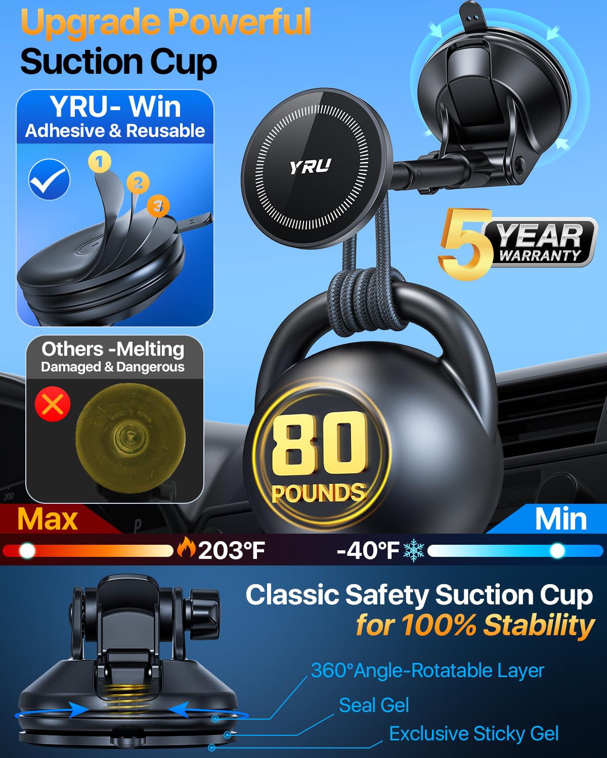 YRU Upgraded Magnetic Phone Holder Car【Patented & Super Magnet】 for MagSafe Mount Dashboard Windshield Vent Magnet Phone Cradle Stand for iPhone 17 16 15 14 13 12 Pro Max Samsung Truck, Black