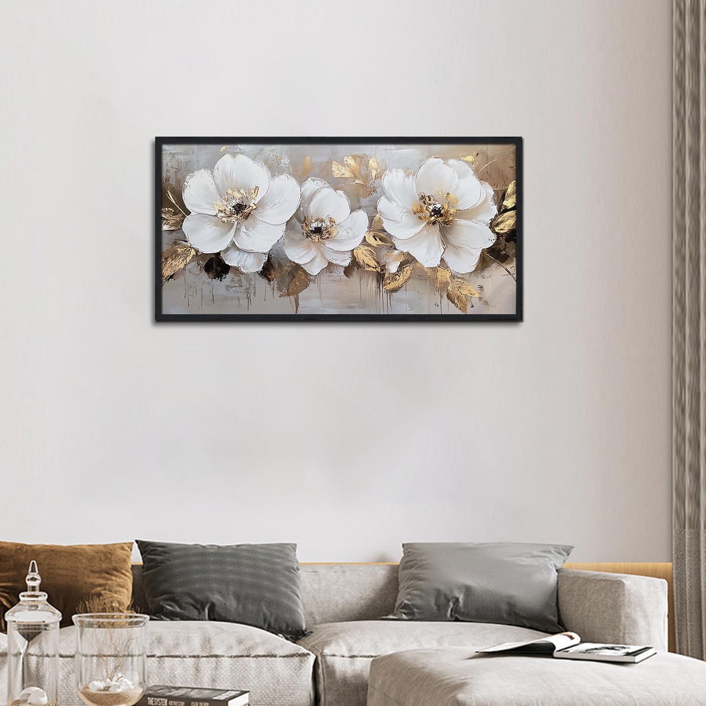 Large Framed Cream White and Gold Abstract Floral Paintings Modern Canvas Wall Art Flower Print Artworks for Home Office Decor