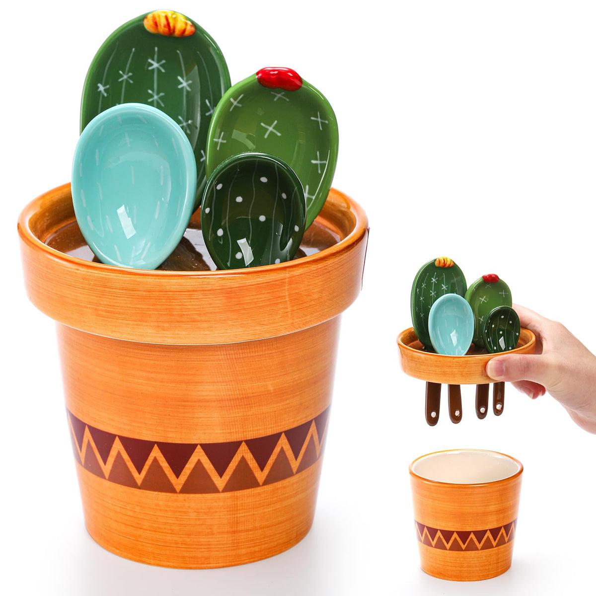 Coloch 5Pcs Ceramic Measuring Spoons in Pot, Cactus Shape Baking Measuring Spoons and Cup Decorative Cactus Figurine Measuring Spoon Set for Baking, Milk, Sugar, Salt