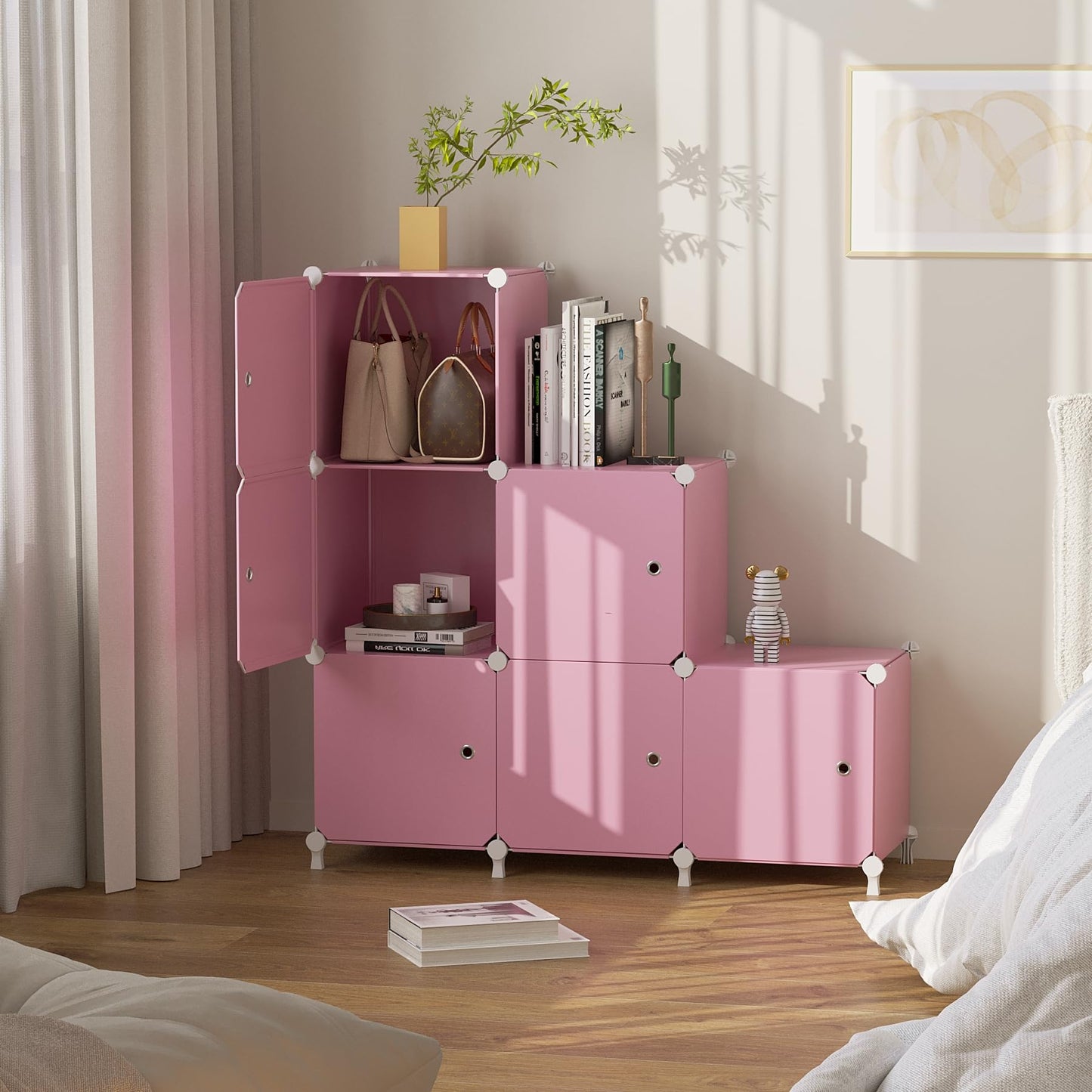 ATTDETJL Cube Storage Organizer, 6-Cube Shelves Unit with Doors, DIY Stackable Plastic Clothes Organizer for Bedroom and Under Stairs Storage Unit, Each Compartment 30 x 30 x 30 cm Pink ATTSL6006