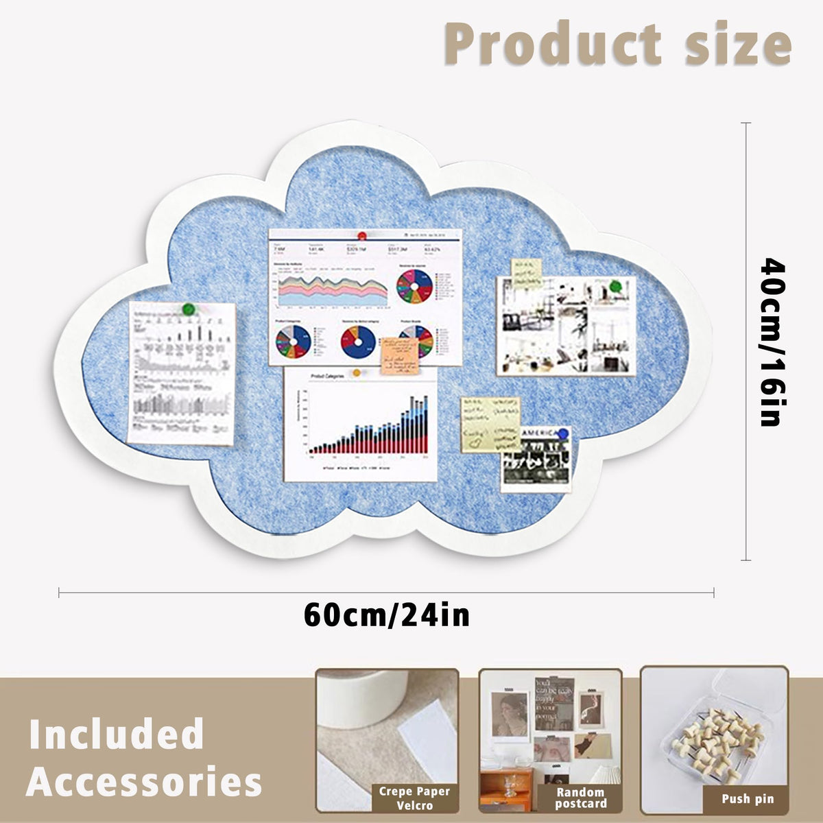 Cute Cloud Felt Board for Wall 24x16, Foldable Vision Board & Photo Display Board, Aesthetic Pin Board for Notes, Pictures & Jewelry Organizer, Dorm Room Decor for Bedroom Office(Cloud-Baby Blue)