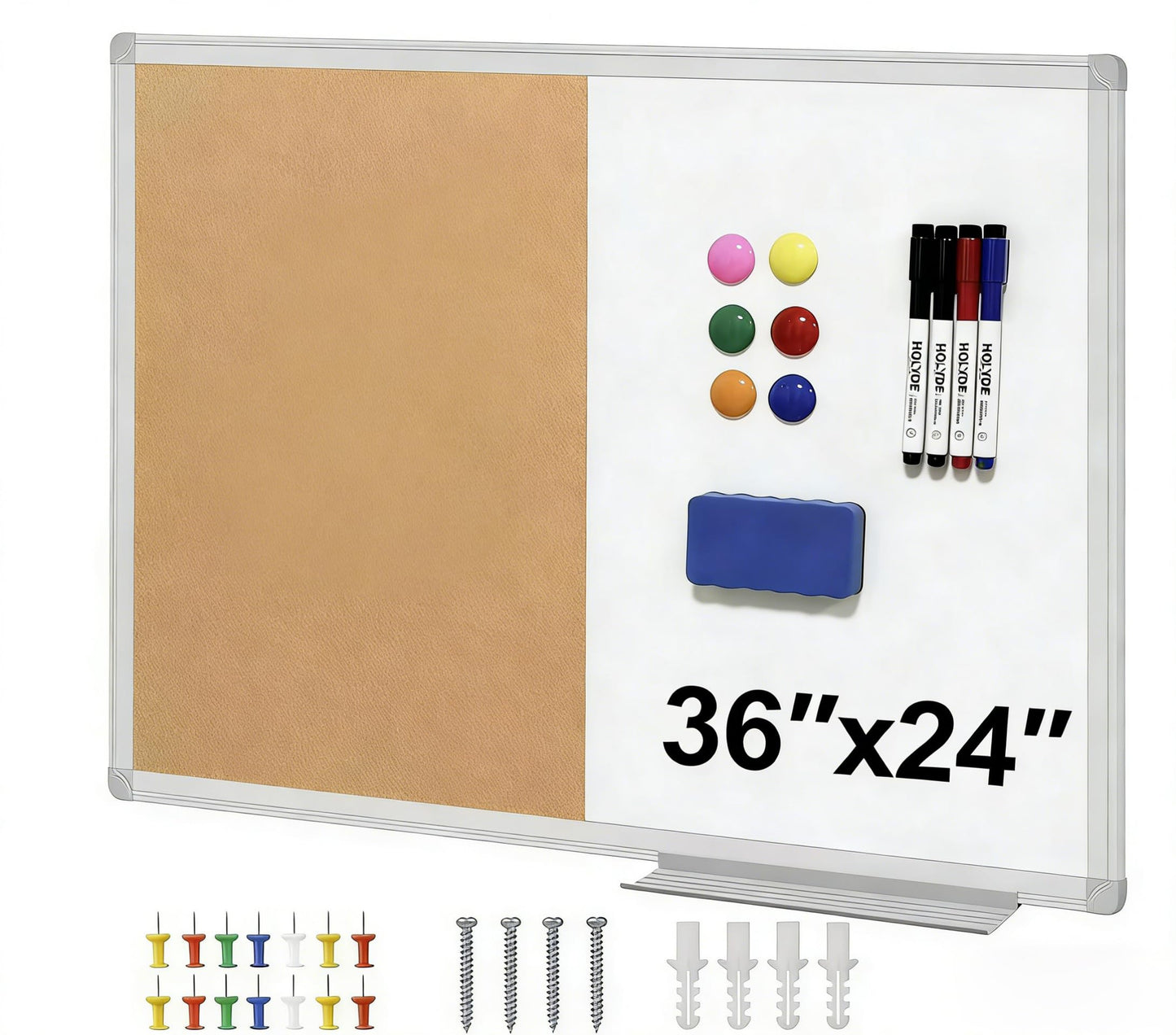 Cork Board White Board Combo, 36" X 24" Magnetic Whiteboard Bulletin Combination Board, Aluminum Frame Vision Board with Dry Erase Markers, Magnets, Eraser and Push Pins for Office, Home & School