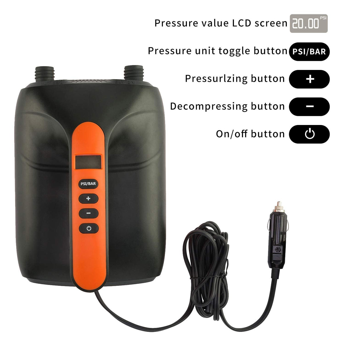 Tuomico 20PSI High Pressure SUP Electric Air Pump,Dual Stage Inflation Paddle Board Pump for Inflatable Stand Up Paddle Boards, Boats,Kayak,12V DC Car Connector