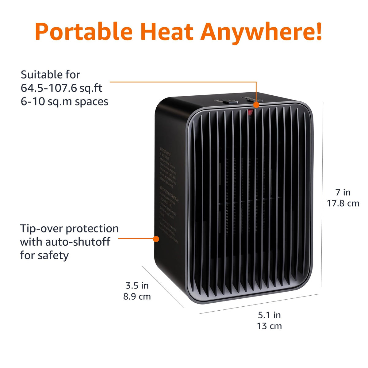 Amazon Basics Portable Ceramic Space Heater, Small Electric Heater for Indoor Use With 3 Heat Settings, Temperature Control, Lightweight (1.7 LBS), 520 w, Black, 5.1"L x 3.5"W x 7"H