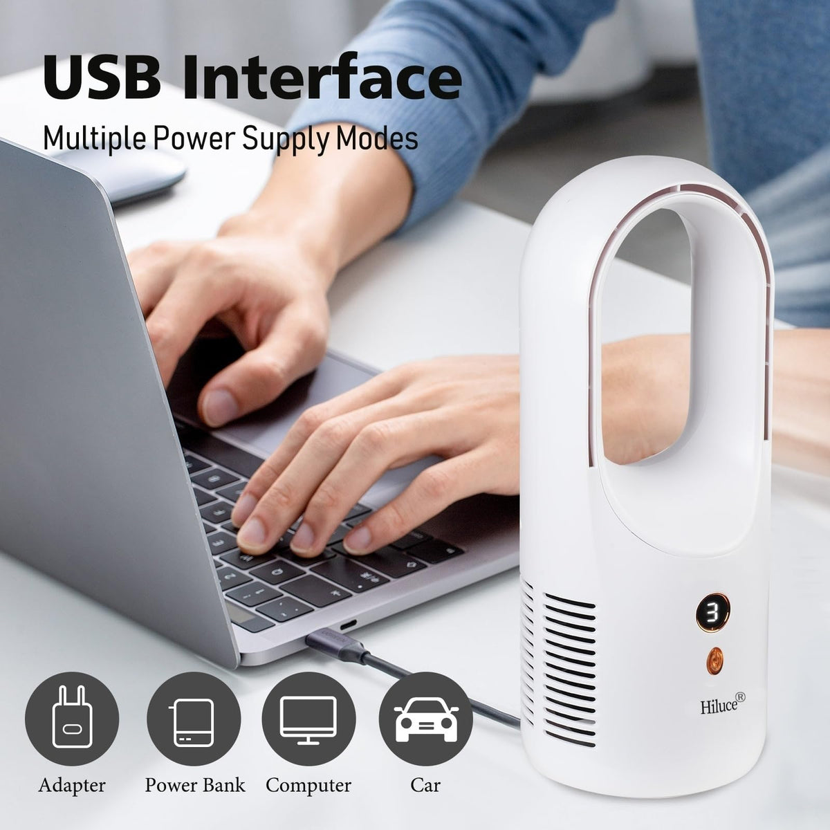 Hiluce Desk Fan Bladeless,6 Speeds 11.8 Inch Portable Office Fan, Battery USB Fans,Easy to Clean, Small Quiet Table Fan for Personal Bedroom Home Office Desktop, White