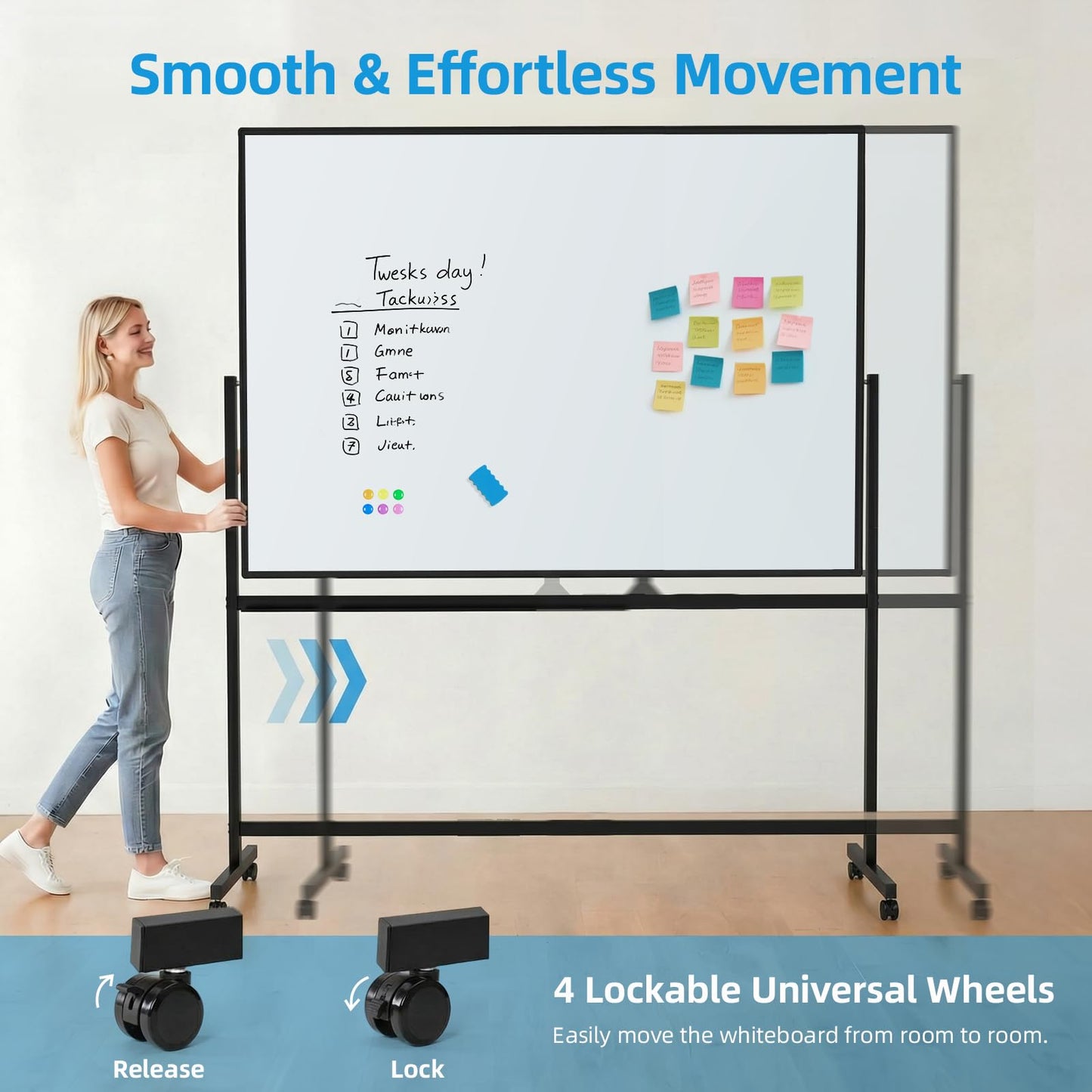 VOWNER Double-Sided Magnetic Whiteboard, 60" x 48" Mobile Dry Erase Board, Reversible Rolling White Board with Aluminum Frame & Stand, for Home Office, Classroom, School, Black