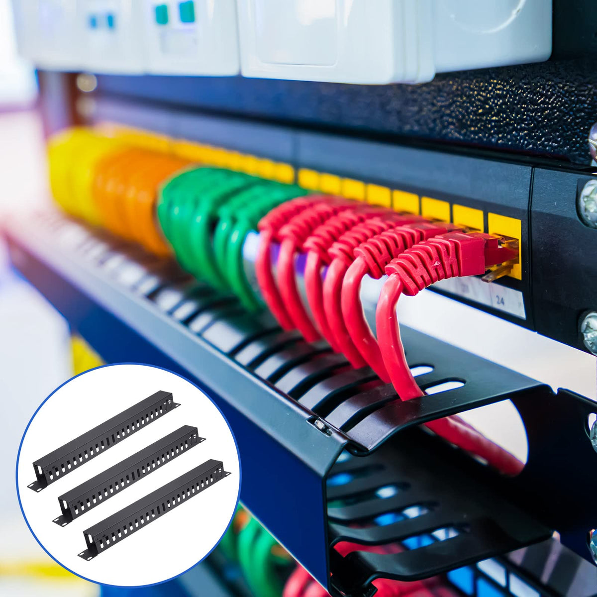 Leinuosen 4 Pcak 1U 19'' Cable Manager 24 Slot Horizontal Rack Mount Wire Management Server Rack Management Metal Finger Duct Wire Organizer with Cover and Mounting Screws for Network Cabinet