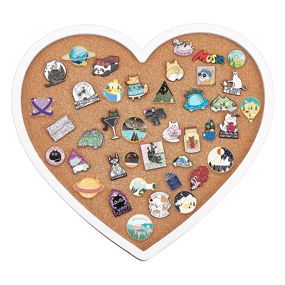 BENECREAT White Heart Pin Cork Board, 0.7 Inch Thick Bulletin Display Board with White Frame for Brooch Pin Storage, Office Home Festival Valentine's Decor, 11.8x10.7 Inch