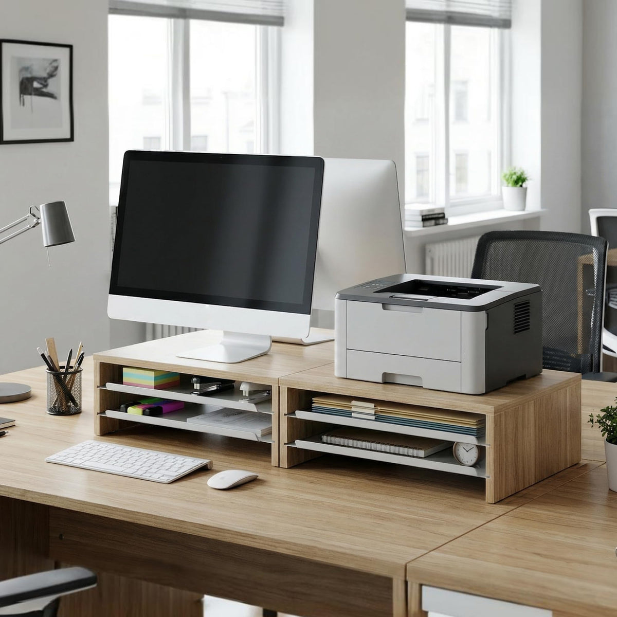 Fenge Monitor Stand, 3-Tier Monitor Riser with Slide-Out Tray, Wooden and Metal Desktop Organizer for Home Office, Computer, Laptop, Printer, Telephone
