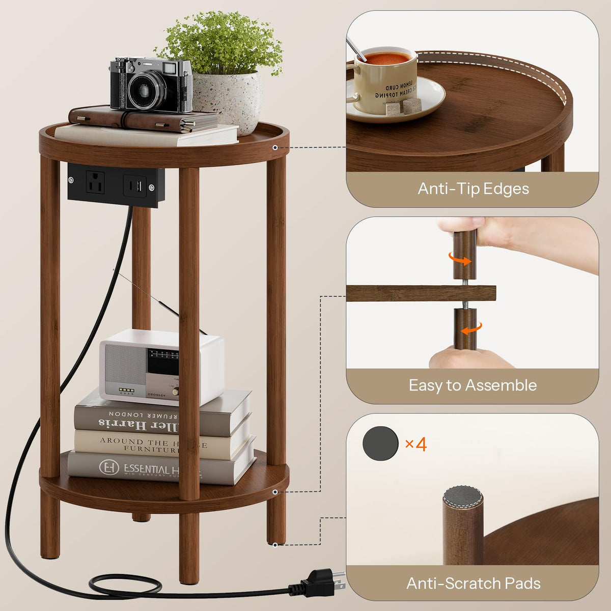 HOOBRO Small Round Side Table with Charging Station, 2-Tier Round Bamboo End Table, Compact Sofa Bedside Table for Small Space, Easy Assembly, for Living Room, Bedroom, Apartment, Mocha MA156UBZ01