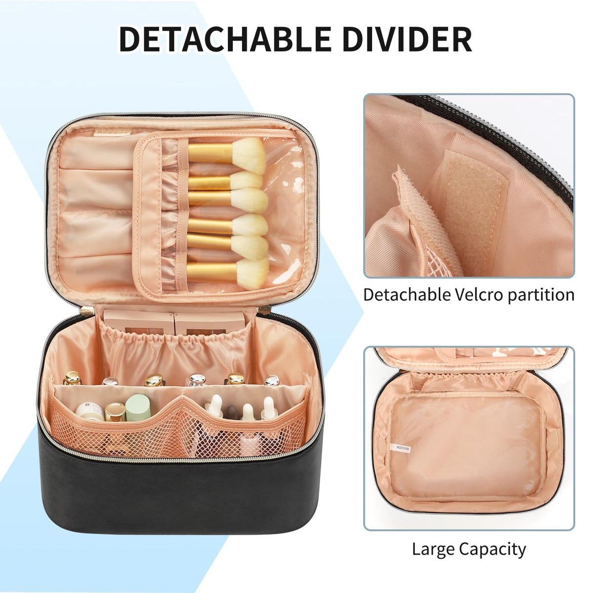 OCHEAL Makeup Bag, Portable Cosmetic Bag, Large Capacity Travel Makeup Case Organizer, Black For Women Toiletry Bag for Girls Traveling With Handle and Divider