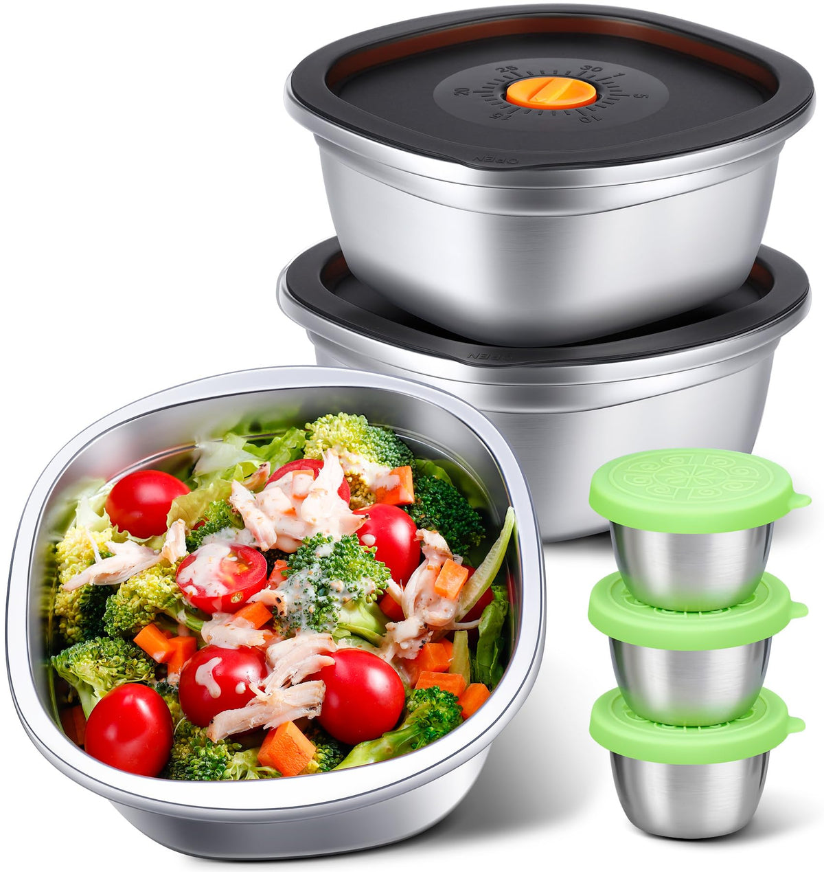 KTKUDY 3 Pack Stainless Steel Salad Bowls with Lids & Dressing Cups - 50 oz Leakproof Salad Containers for Meal Prep & Lunch To Go, Dishwasher Safe