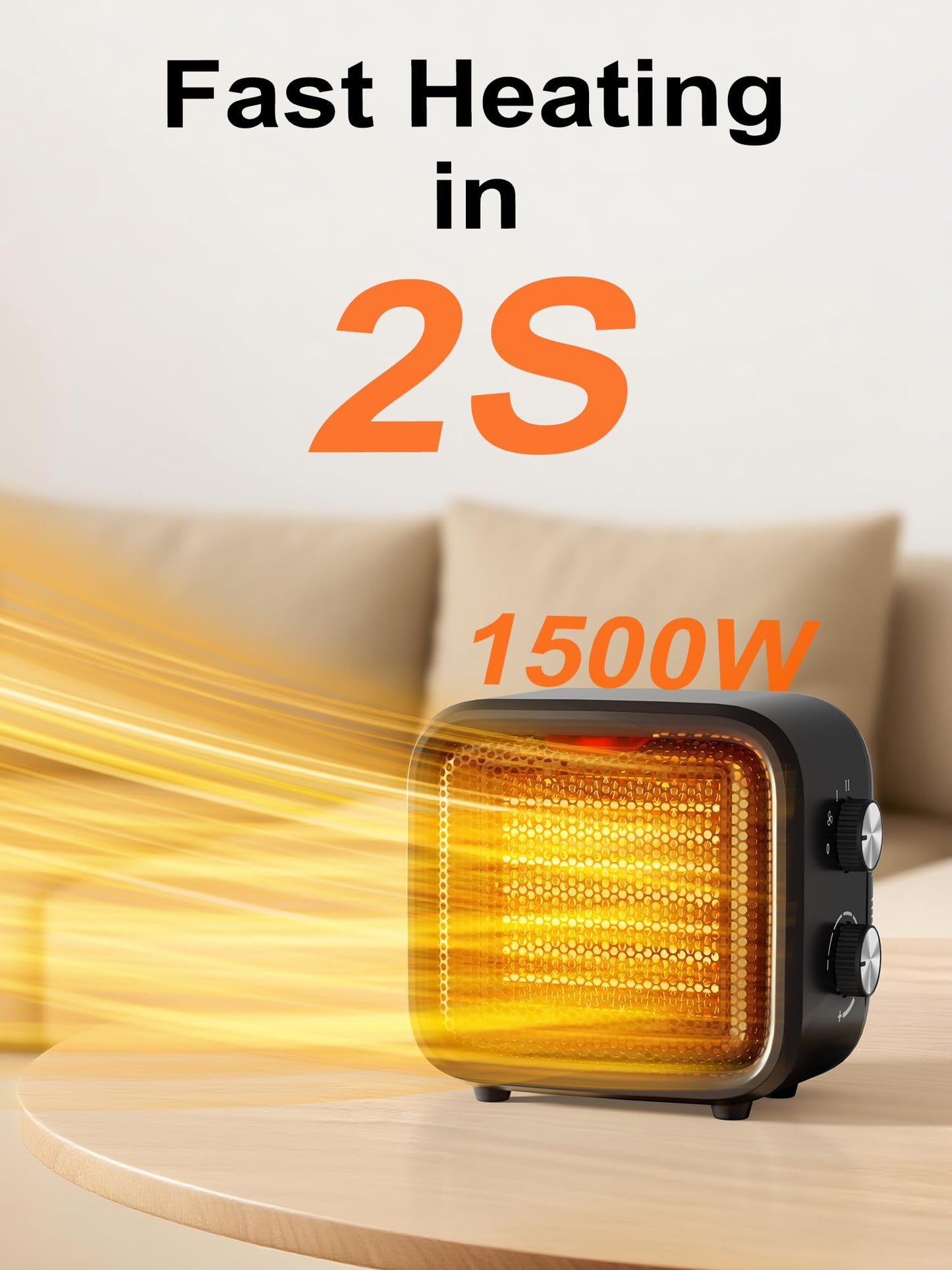 Csakri Small Space Heater, 1500W Mini Desk Heater for Office, Portable PTC Ceramic Heater with Thermostat, 2S Fast Heating, Safe & Quiet for Bedroom, Bathroom, Under Desk & Indoor Use
