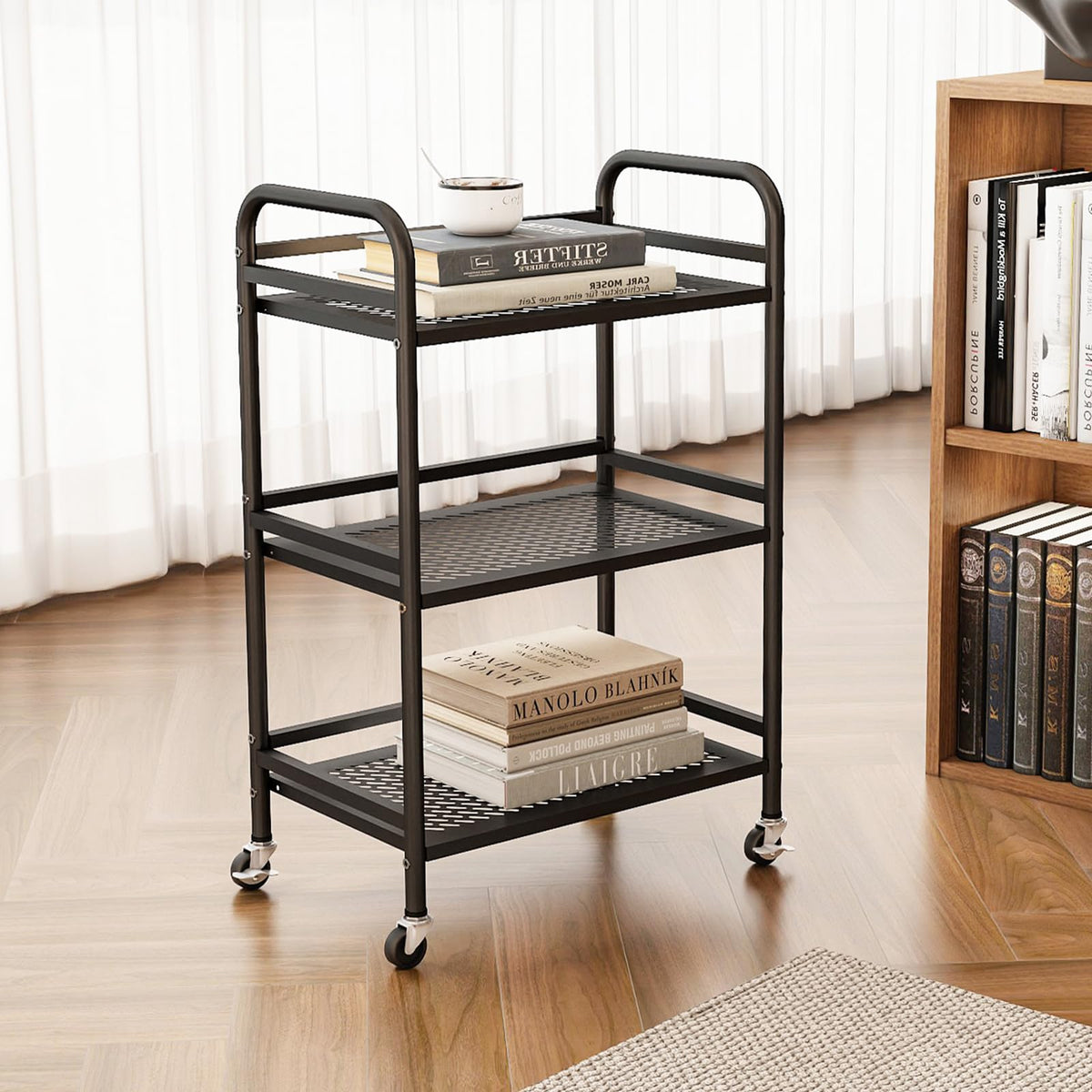 HDANI 3 Tier Rolling Cart,Heavy Duty Multifunctional Metal Frame-Supports 22 Lbs Per Tier,Mesh Rolling Cart with 2 Lockable Wheels for Office,Home,Bedroom,Kitchen,Bathroom,Black
