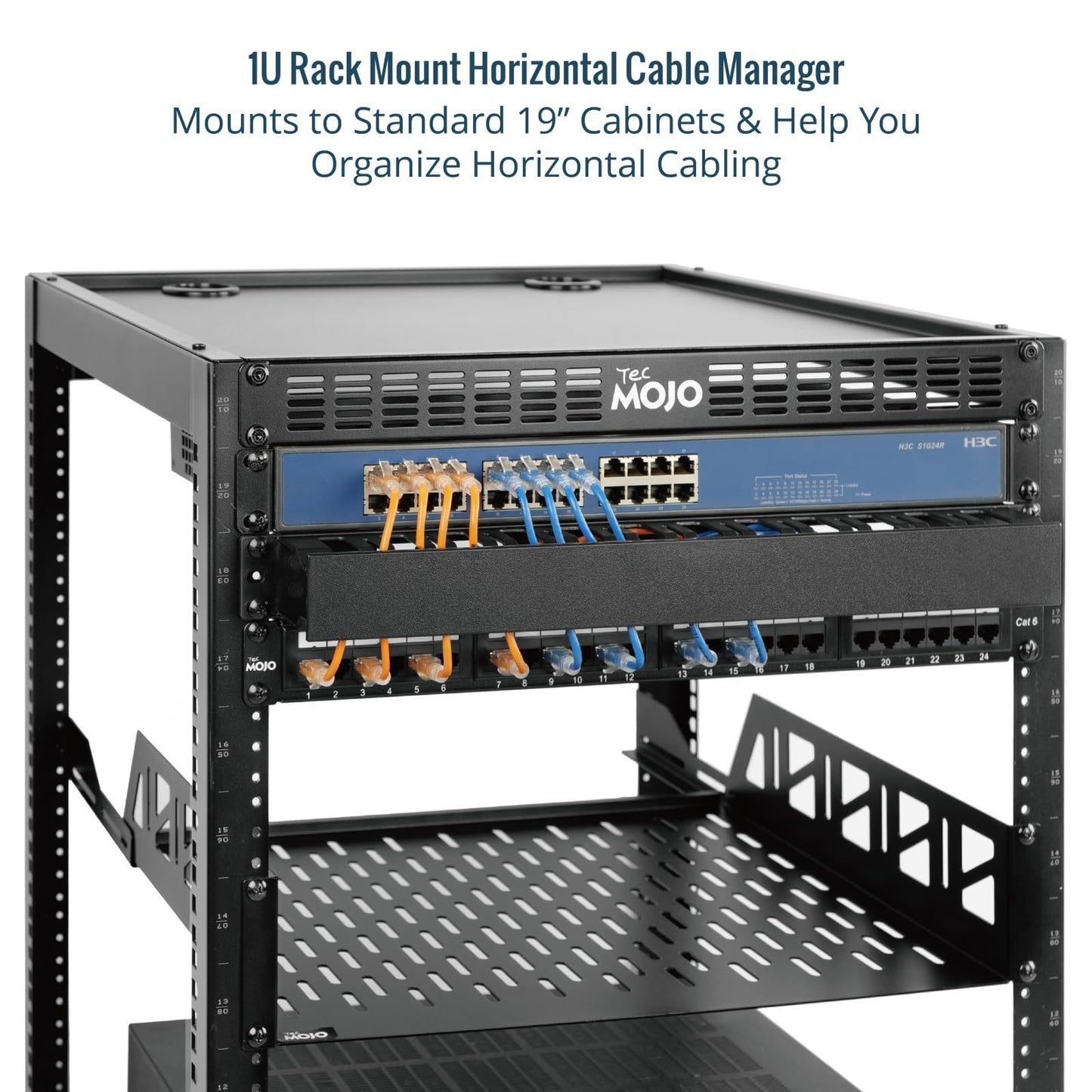 Tecmojo 2 Pack 1U Server Rack Horizontal Cable Management with Cover,2.6“ Depth Plastic Cable Manager,Rack Mount 12 Slots Wire Duct Organizer,for 19 inch AV/IT/Data/Audio and Network Cabinet