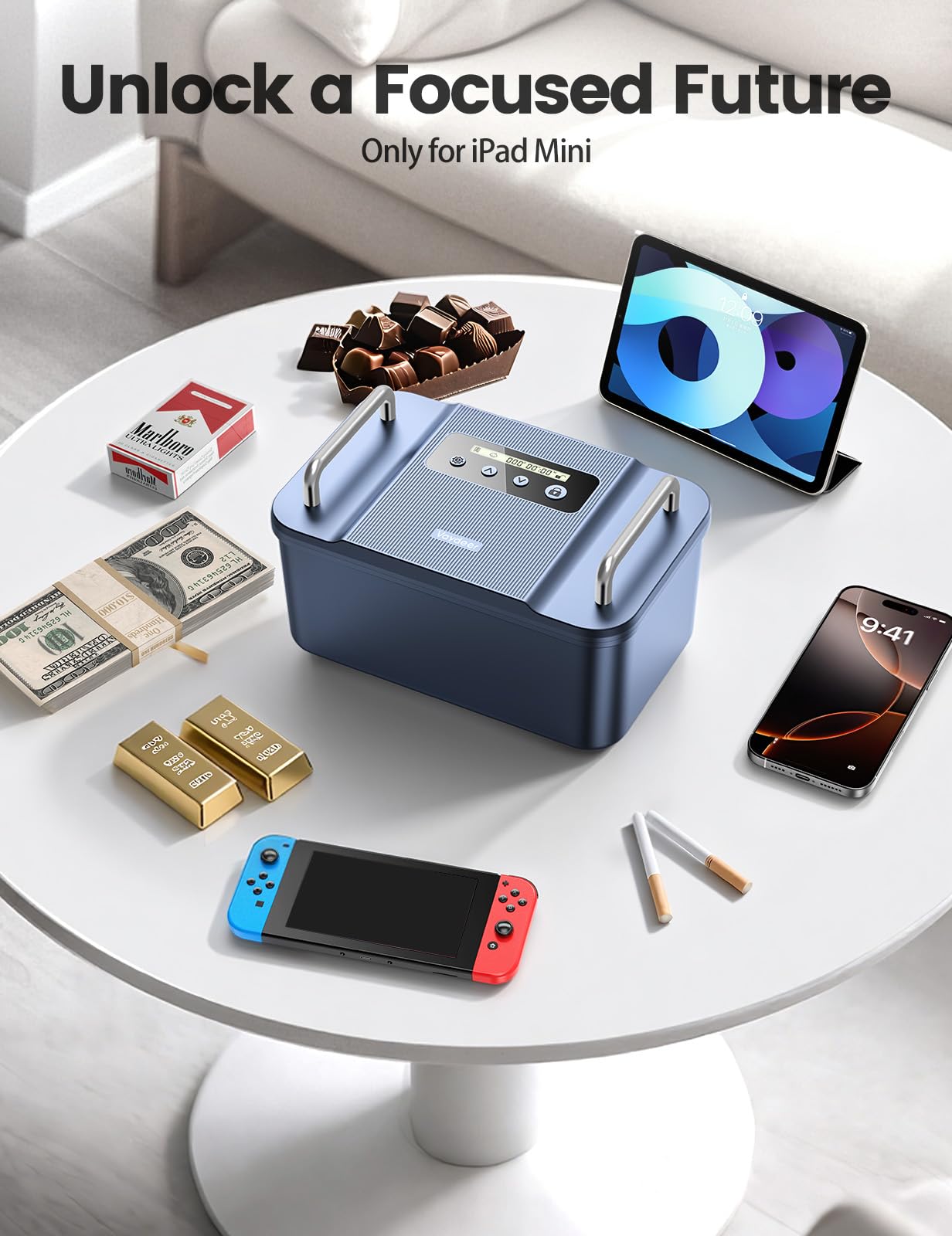 Vaydeer Safe Timed Lock Box with Dual Metal Handles-Phone Lock Box with Timer Unplug from Phone, Video Game, Social Media, Craving,Self-Control Lockable Storage Box for Focus & Self-Control(Dark Blue)