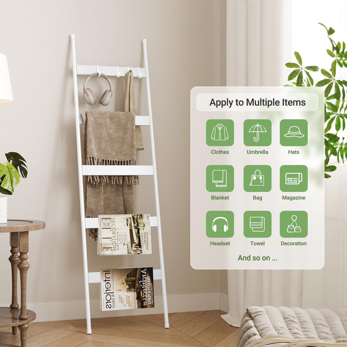 ELYKEN Blanket Ladder for Living Room, Farmhouse 5-Tier Quilt Holder with 4 Removable Hooks for Bathroom, Wood Towel Rack Display, Wall Anchor Leaning Decorative Stand for Home, White