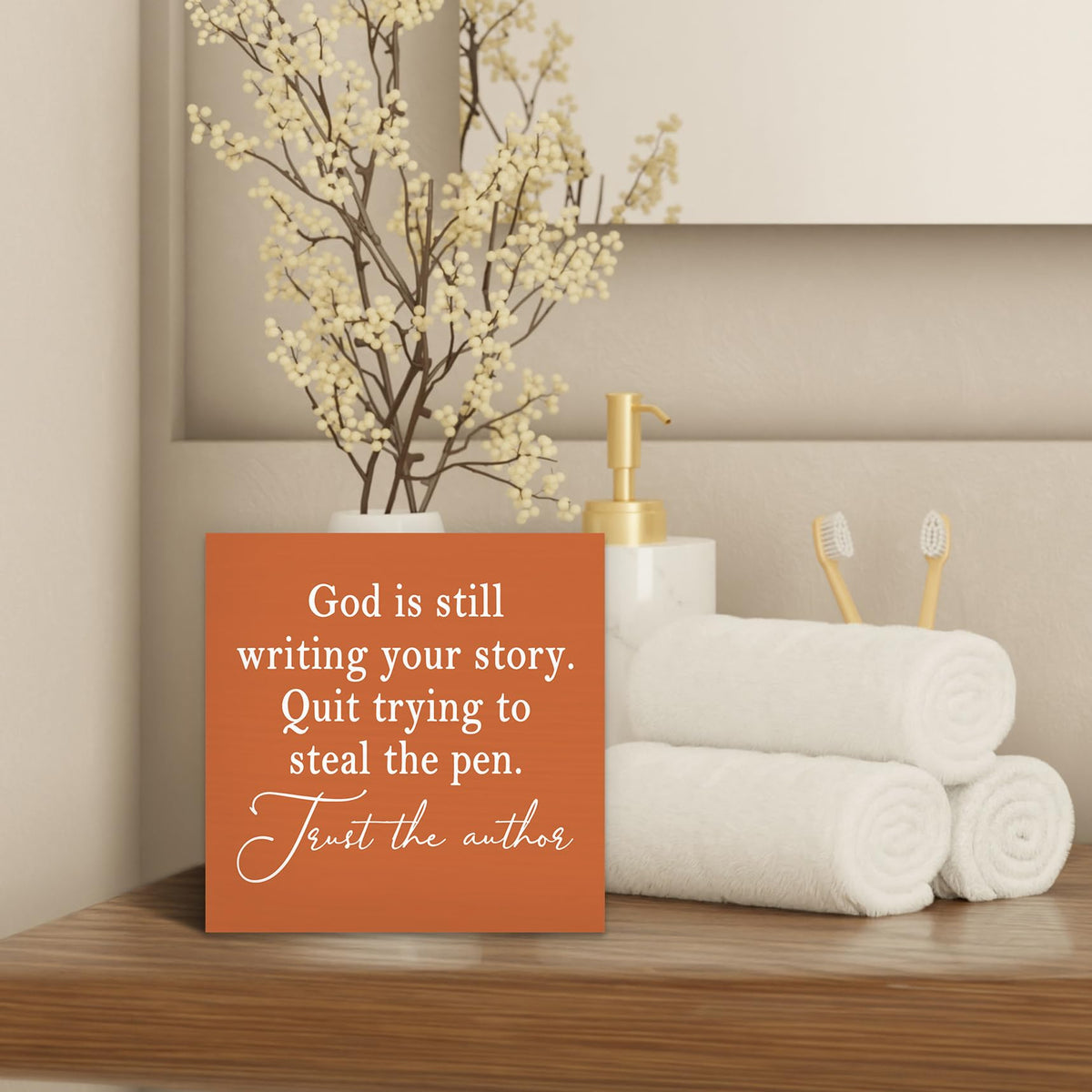 Luipk God Is Still Writing Your Story Orange Wood Box Sign Desk Decor 5X5, Christian Scripture Bible Verse Prayer Room Block Sign Decorations for Home Office Wall Tabletop Shelf Decor