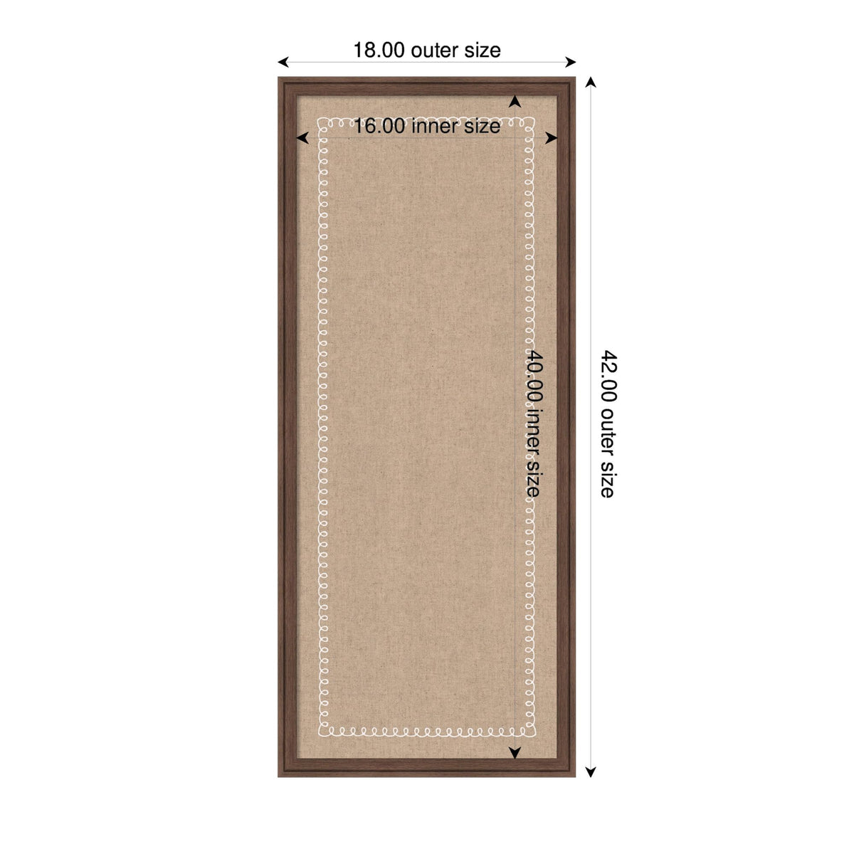 Kate and Laurel Framed Fabric Pinboard 18 x 42, White Scalloped Edge Printed Linen Classic Bulletin Board for Use as a Vision Board or Wall Organization, Florence Medium Brown Frame