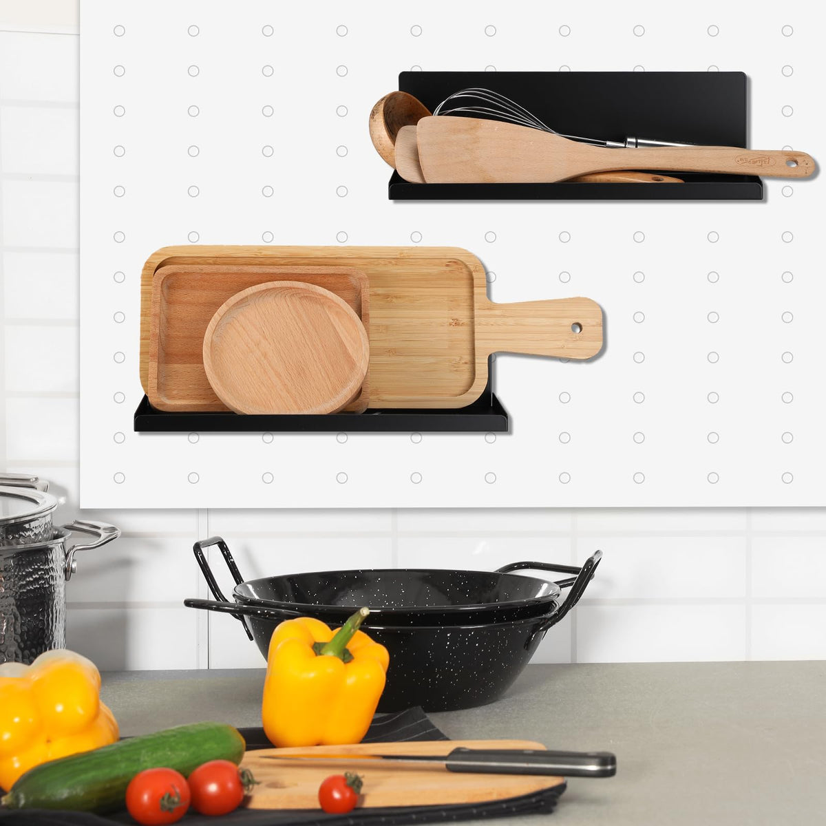 Therwen 4 Pack Magnetic Pegboard Shelves Wall Organizer Metal Pegboard Shelf Steel Tray Accessories Organizing Tools for Craft Home Kitchen(12 x 4.8 x 3.6 Inches,Black)