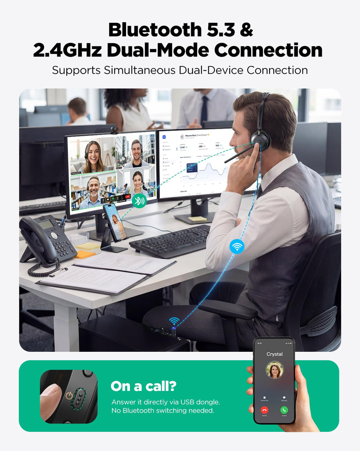 Wireless Headset with Mic for Work, AI ENC Noise Cancelling for Clear Call ＆ Meeting, Work Headset with Charge Stand for Remote & Office, Bluetooth 5.3 & 2.4G Dongle Headset for PC, Phone, Teams, Zoom