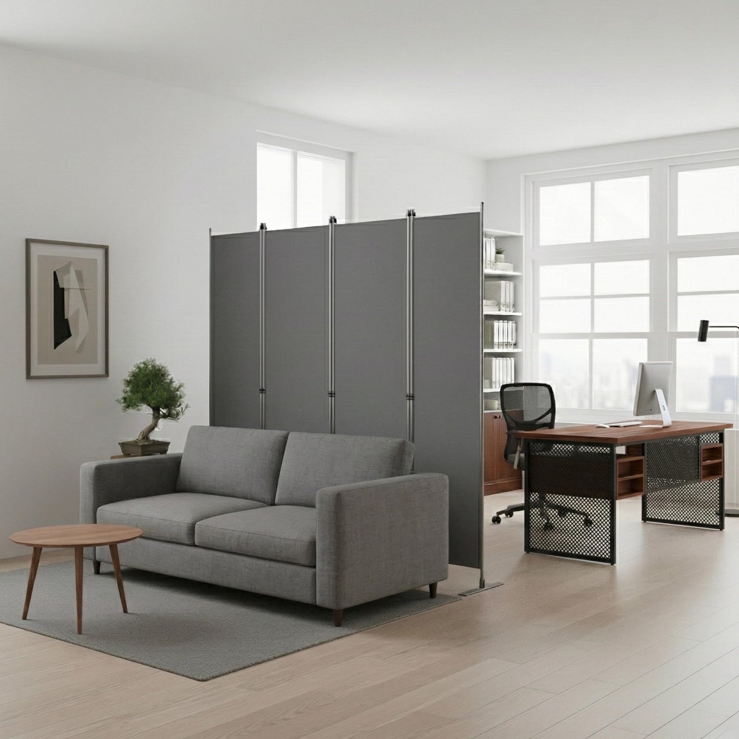 4-Panels Room Divider, 6FT Tall Freestanding Privacy Screen, Portable Partition with Non-Slip Base for Home Office, Bedroom, Studio Room Separation 80" W X 71" H Gray