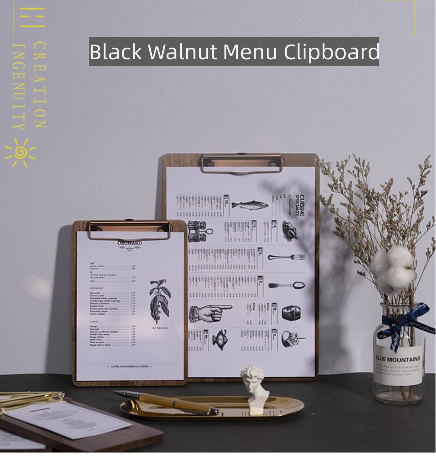 Solid Hardwood Walnut Clipboard with Stand Set - Ideal for Menu Display, Receipt Holder, and More for Restaurants, Bars, Coffee Shops, Self-Service BBQ, Tables, and Countertops