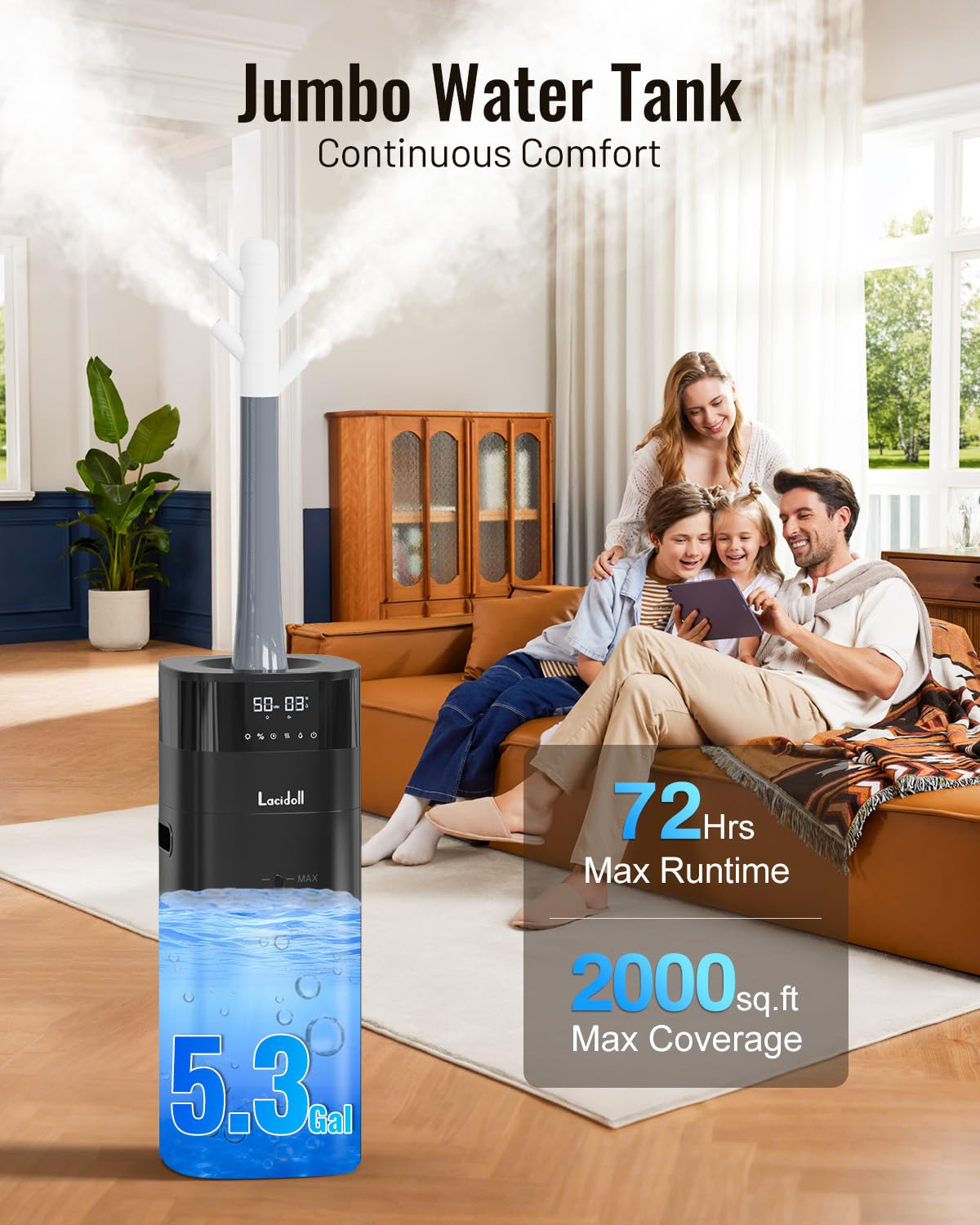 Lacidoll Humidifier Large Room, 5.3Gal/20L Humidifiers for Home 2500 sq ft, Cool Mist Whole House Humidifiers with Diffuser Extended Tube, Top Fill Air Humidifier for Bedroom Nursery Baby Plants Black