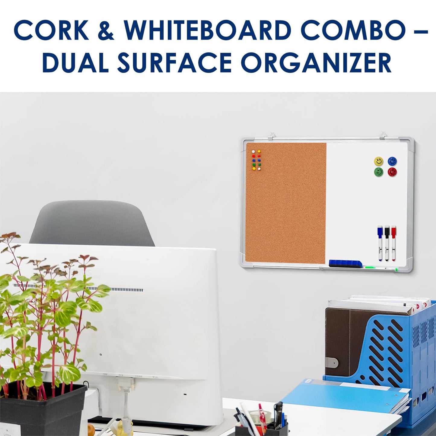 Combination Whiteboard Bulletin Board Set - 24 x 18 in Dry Erase/Cork Board with 1 Magnetic Dry Eraser, 4 Markers, 4 Magnets and 10 Thumb Tacks - Combo Tack Board White Board for Home Office Desk