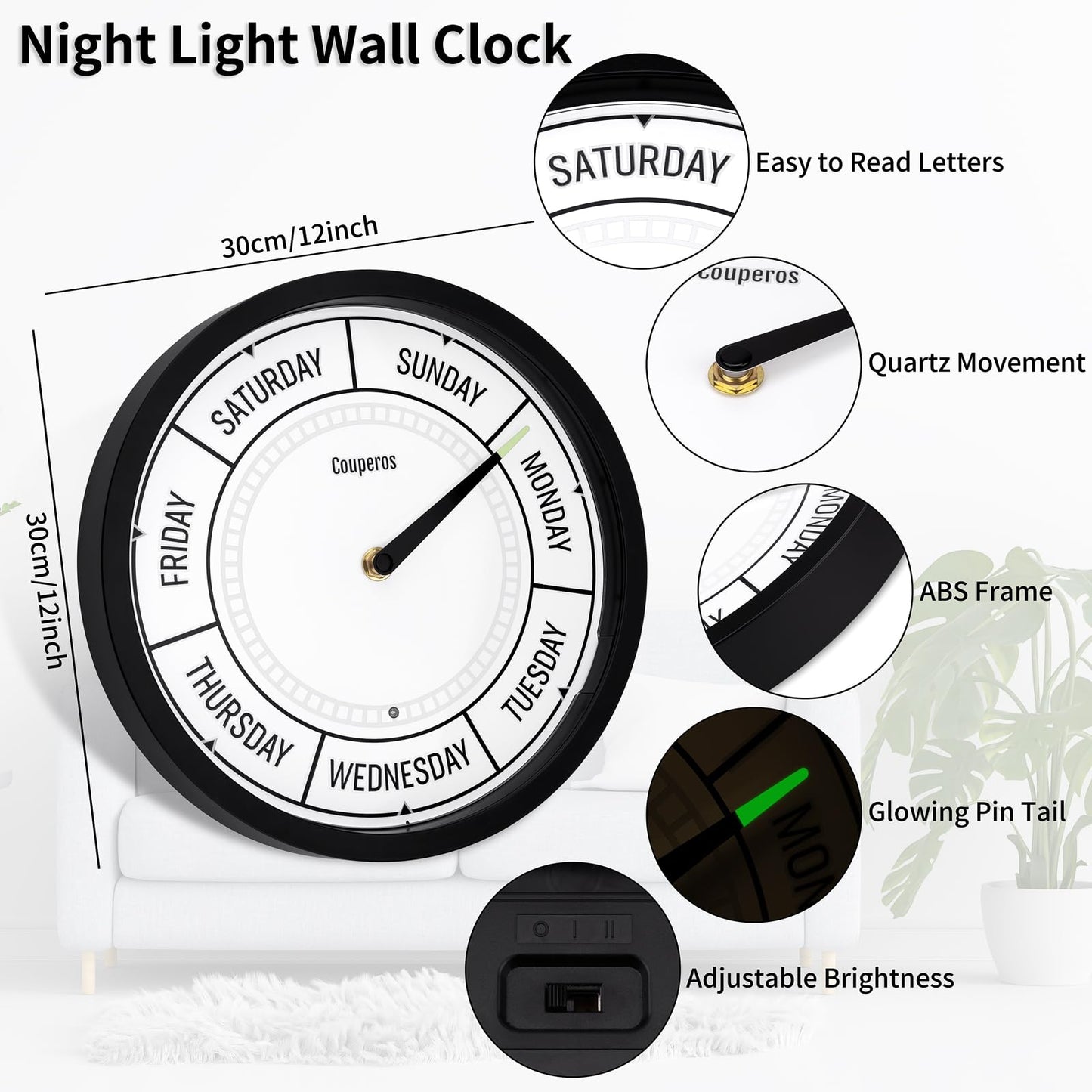 Couperos Day of The Week Wall Clock with Night Light - 12" Analog Silent Non-Ticking Clock with LED Night Light, Calendar Day Clock Perfect for Home, Office, and Retirement Gifts