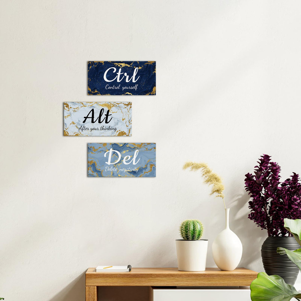 iKNOW FOTO 3 Pieces Blue Grey and Gold Wall Art CTRL ALT DEL Office Canvas Prints Marble Inspirational Quotes Motivational Wall Decor Each Panel 6x12''