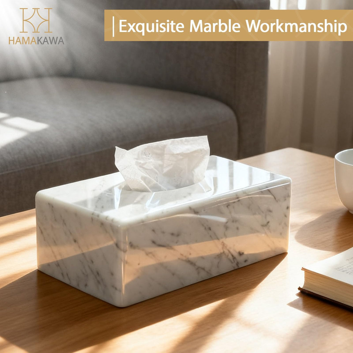 HAMAKAWA Natural Marble Tissue Box Cover, Carrara White Tissue Organizer 10 x 5.7 x 3.5 inch, Heavy Stone Decorative Box, Rectangle Tissue Box Holder for Home Decor, Kitchen, Bathroom, Bedroom