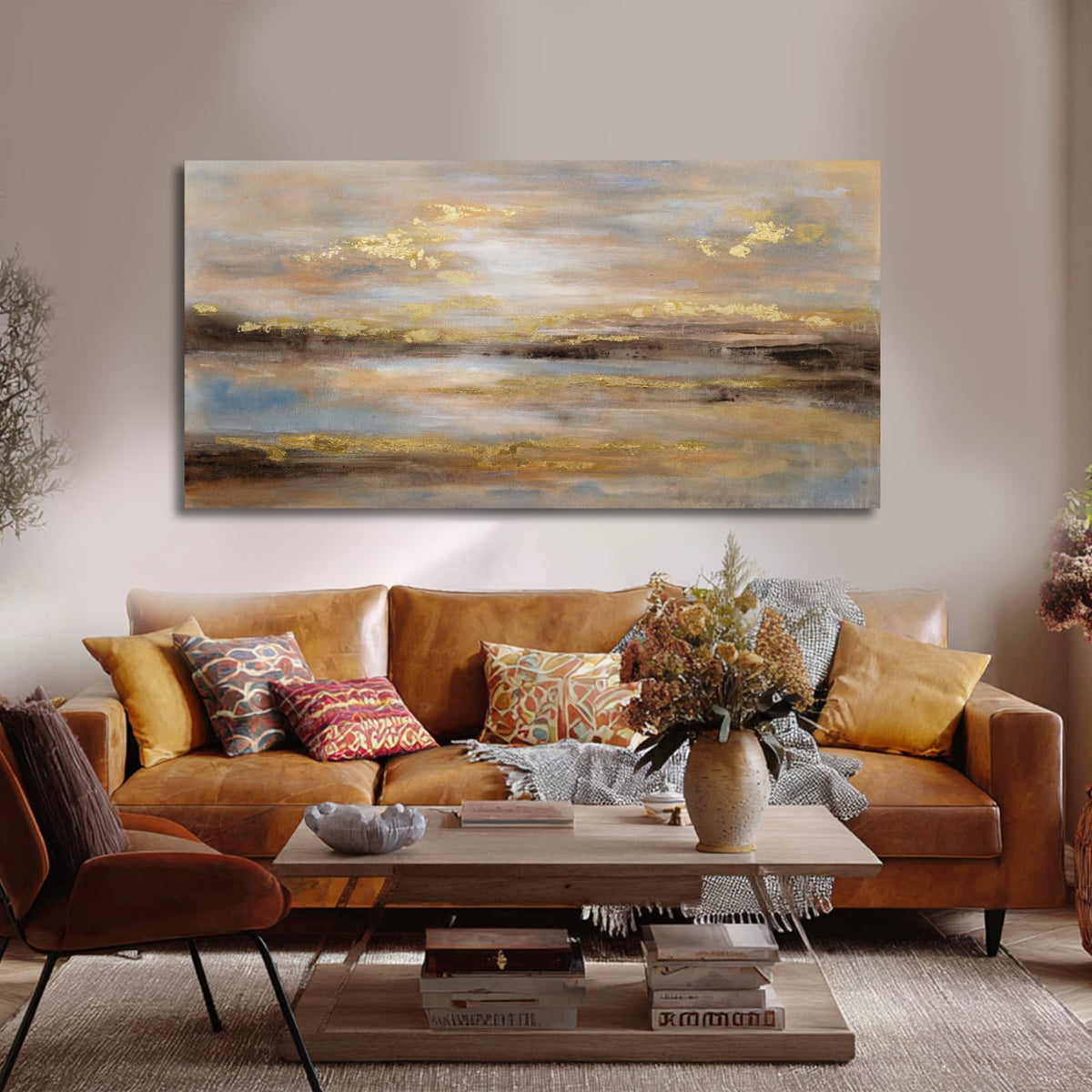 NBAODAN Abstract Wall Art for Living Room Gold and Orange Wall Decor for Living Room Large Neutral Art Pictures Modern Artwork 29x58 Inch Bedroom Dining Room Decorations