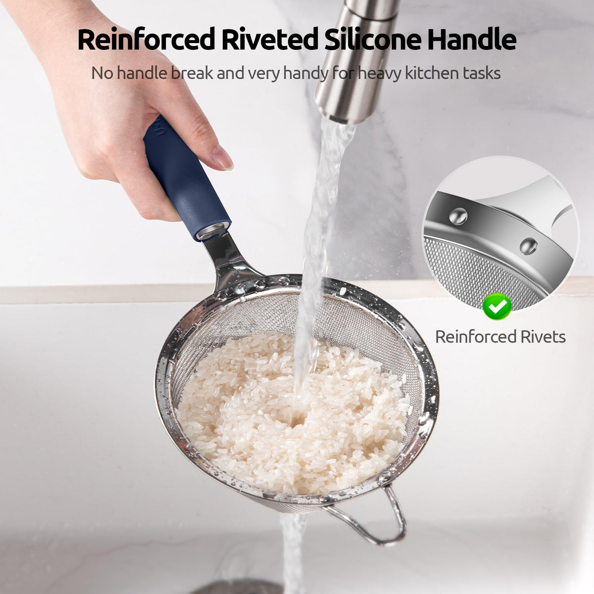 U-Taste Medium Fine Mesh Strainer: 18/8 Stainless Steel 4.73in 30 Mesh Kitchen Food Sieve with Sturdy Riveted Silicone Handle, Heavy Duty Deep Handheld Metal Colander for Rice, Quinoa(Midnight Blue)