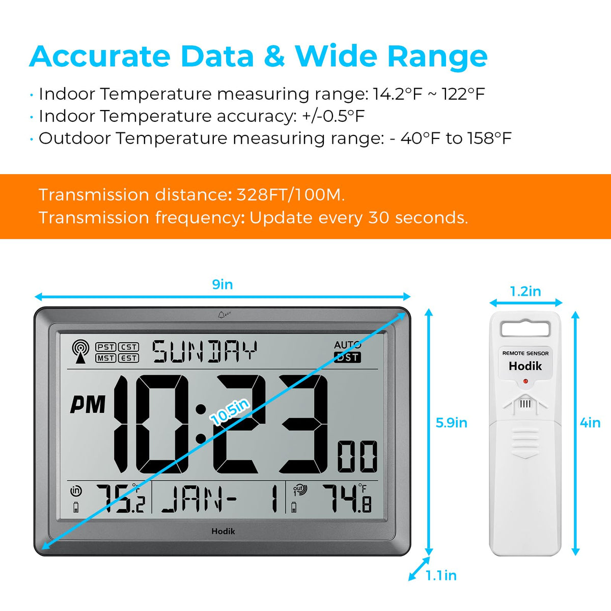 HODIK Wall Clock Atomic with Indoor Outdoor Temperature Battery Powered, Easy Reading with 10.5 Inch LCD Display, 330FT Range Table Wall Clock with DST, 12/24 Hour for Living Room Kitchen (Silver)