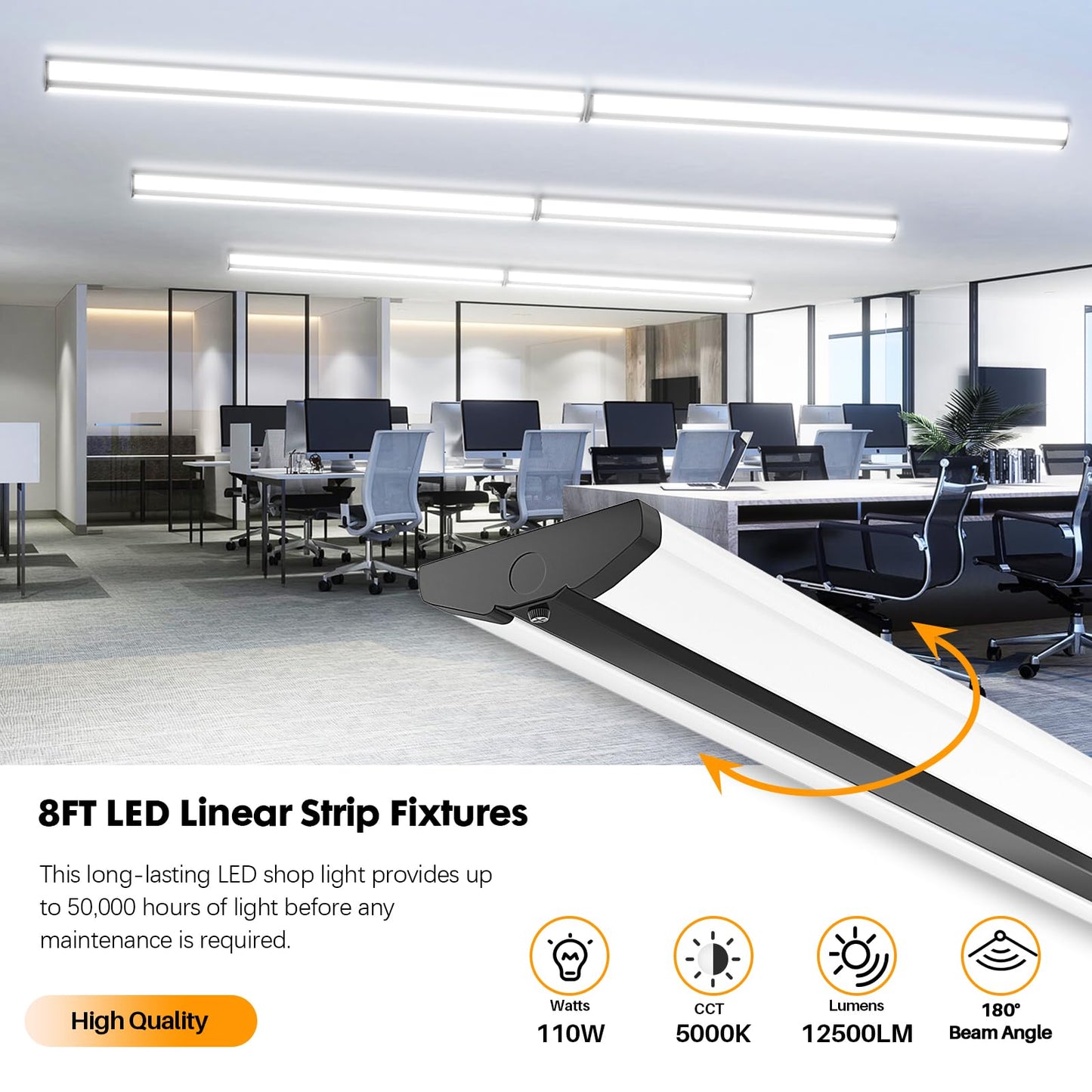 TychoLite 110W 8FT LED Shop Lights, Ultra Slim LED Wraparound Strip Lighting, 12500LM 5000K, 8 Foot Flush Mount Garage Warehouse Office Ceiling Light Fixture, Fluorescent Tube Replacement, 6 Pack