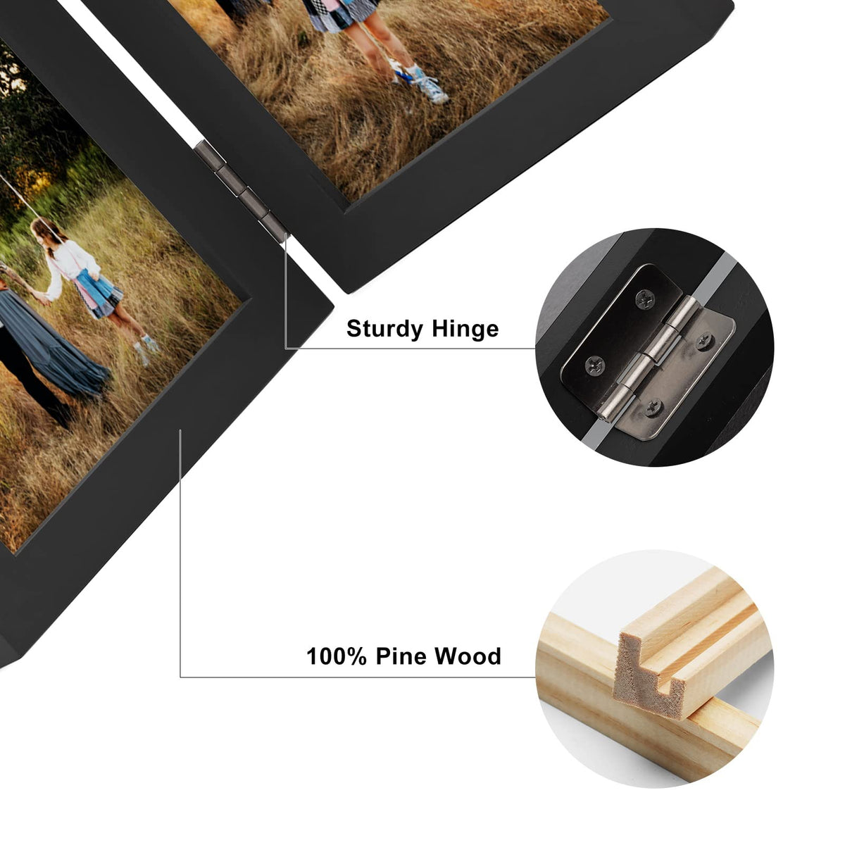 Janreefan 3 Vertical Horizontal 4X6 and 5X7 Picture Frames Hinged Folding Photo Frames in Black for Wall Hanging or Tabletop Standing, Made of Pine Wood with Real Glass P-467546-HEI