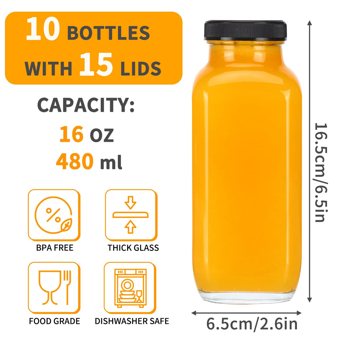 CUCUMI 10pcs 16oz Glass Juice Bottles with Lids, Reusable Juice Containers Drinking Jars Water Cups with Brush, Glass Straws, Lids with Hole