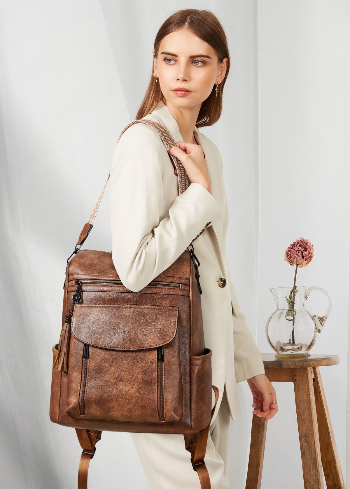 Shrrie Laptop Backpack for Women 15.6 inch,Travel Leather Backpack Purse Nurse Teacher Carry on Backpack Computer Bag,Professional Water-Resistant College Business Work Casual Daypack,Two-toned Brown