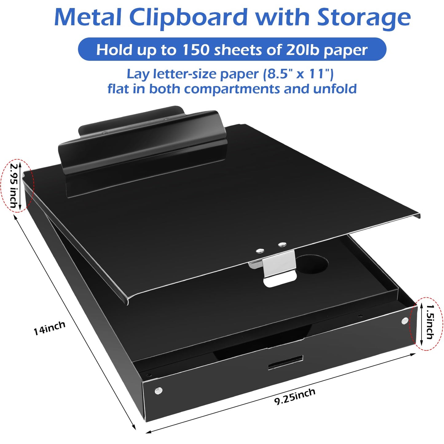 Janlaugh 1 Pieces Metal Storage Clipboard Letter Size Heavy Duty Aluminum Clip Board 14'' x 9.06'' x 2.95'' Contractor Clipboard Dual Storage Form Holder Paper Holder with High Capacity Clip