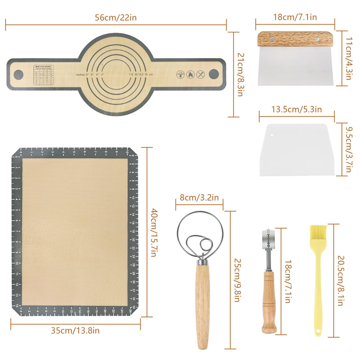Bread Making Tools Set of 7, Including Silicone Pastry Mat, Round Baking Mat, Sourdough Danish Dough Whisk, Bread Lame Dough Scoring, Bread Scraper Dough Cutter, Perfect Gifts for Baker