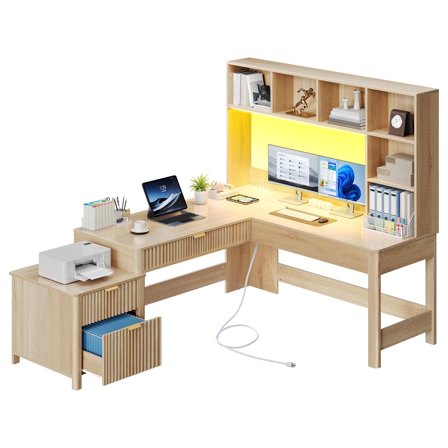YITAHOME L Shaped Desk with Hutch and Drawers, 67" Computer Desk Gaming Desk with Power Outlets & LED Lights, Wood Home Office Desk with Printer Stand, Fluted Sturdy Writing Workstation, Natural Oak