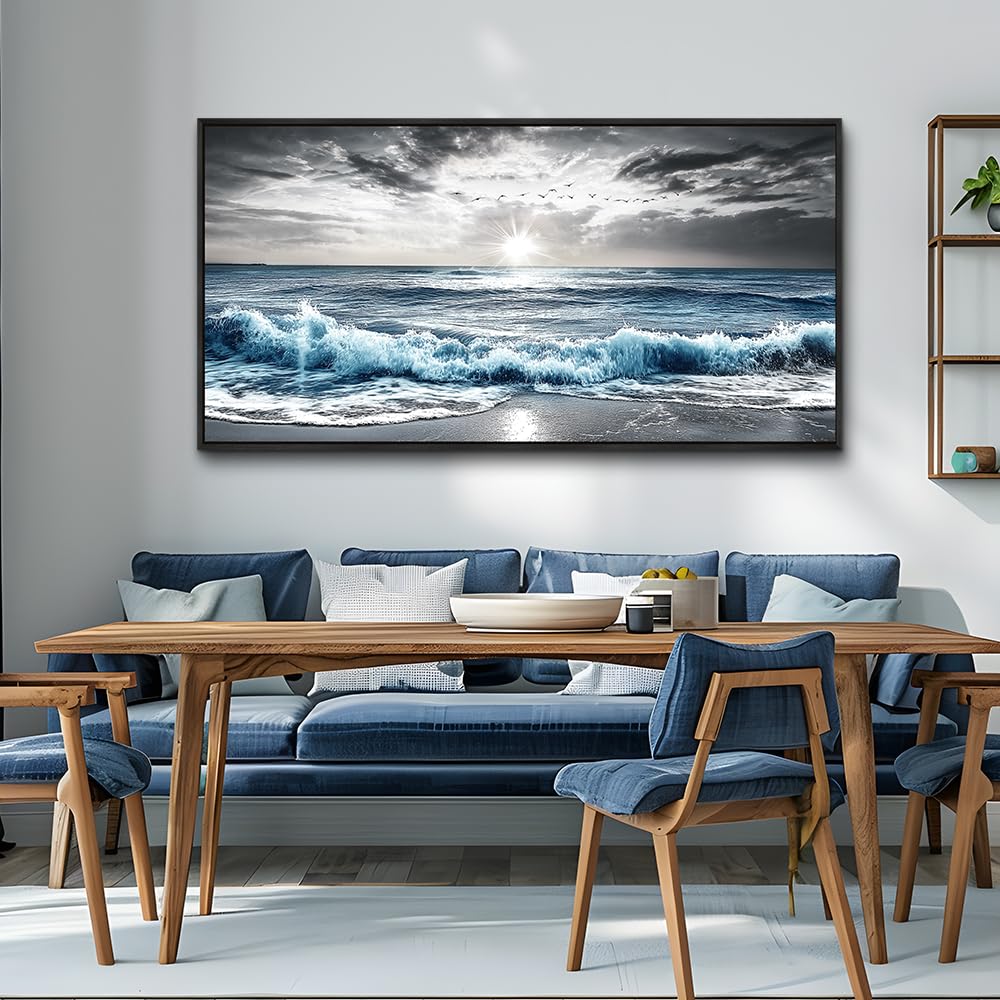 KELIYUAN Wall Decor For Living Room Canvas Wall Art For Bedroom Office Black And White Pictures Beach Wave Scenery Murals Artwork For Modern Stretched and Framed Beach Posters Home Decor 20"X40"