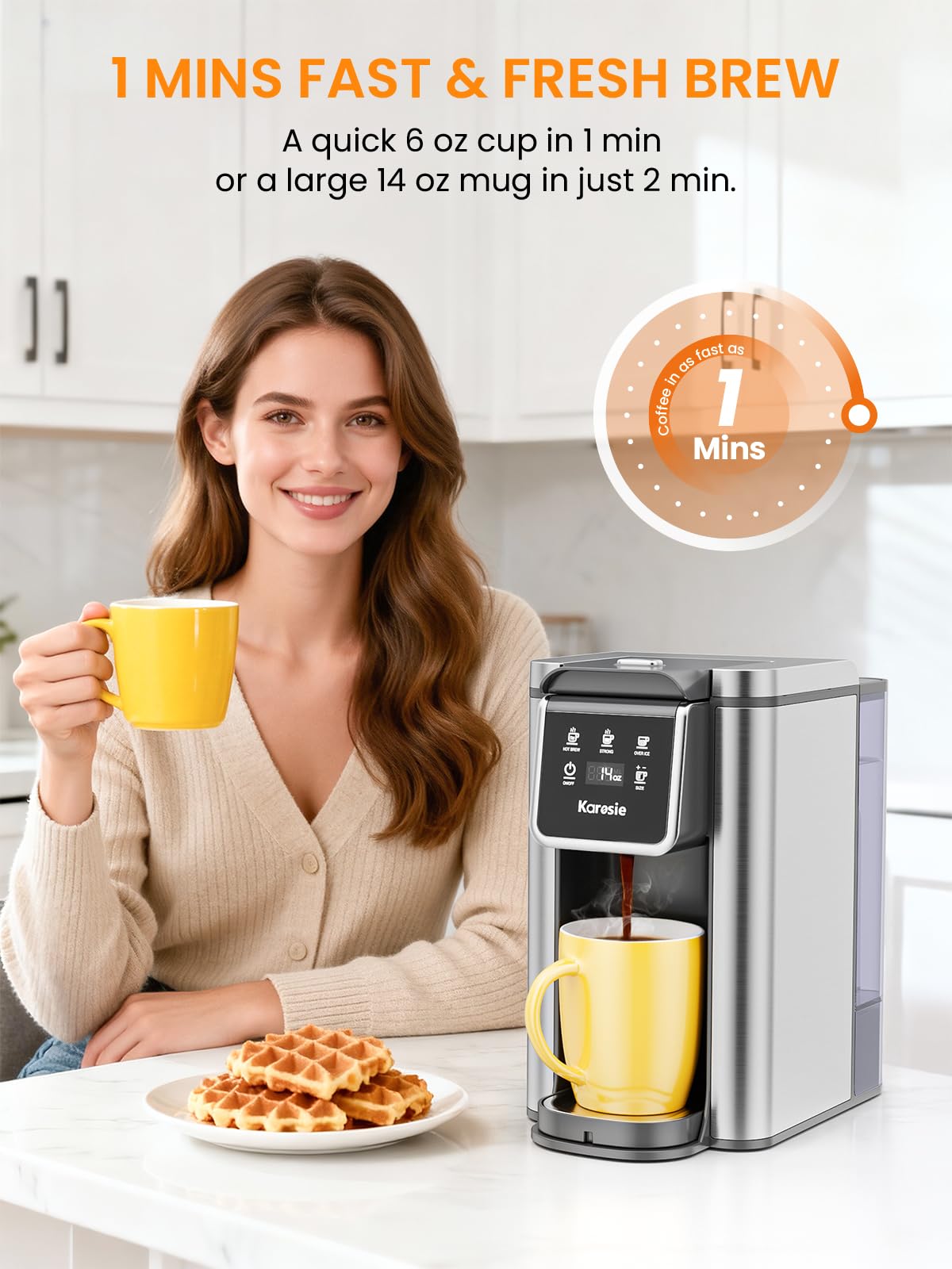 Karosie K Cup Coffee Maker, Hot & Iced Coffee Maker for K Cup and Grounds, 6-14 Oz Brew Sizes, 50oz Removable Tank, Single Cup Coffee Maker with Descaling Reminder, Stainless Steel, Black
