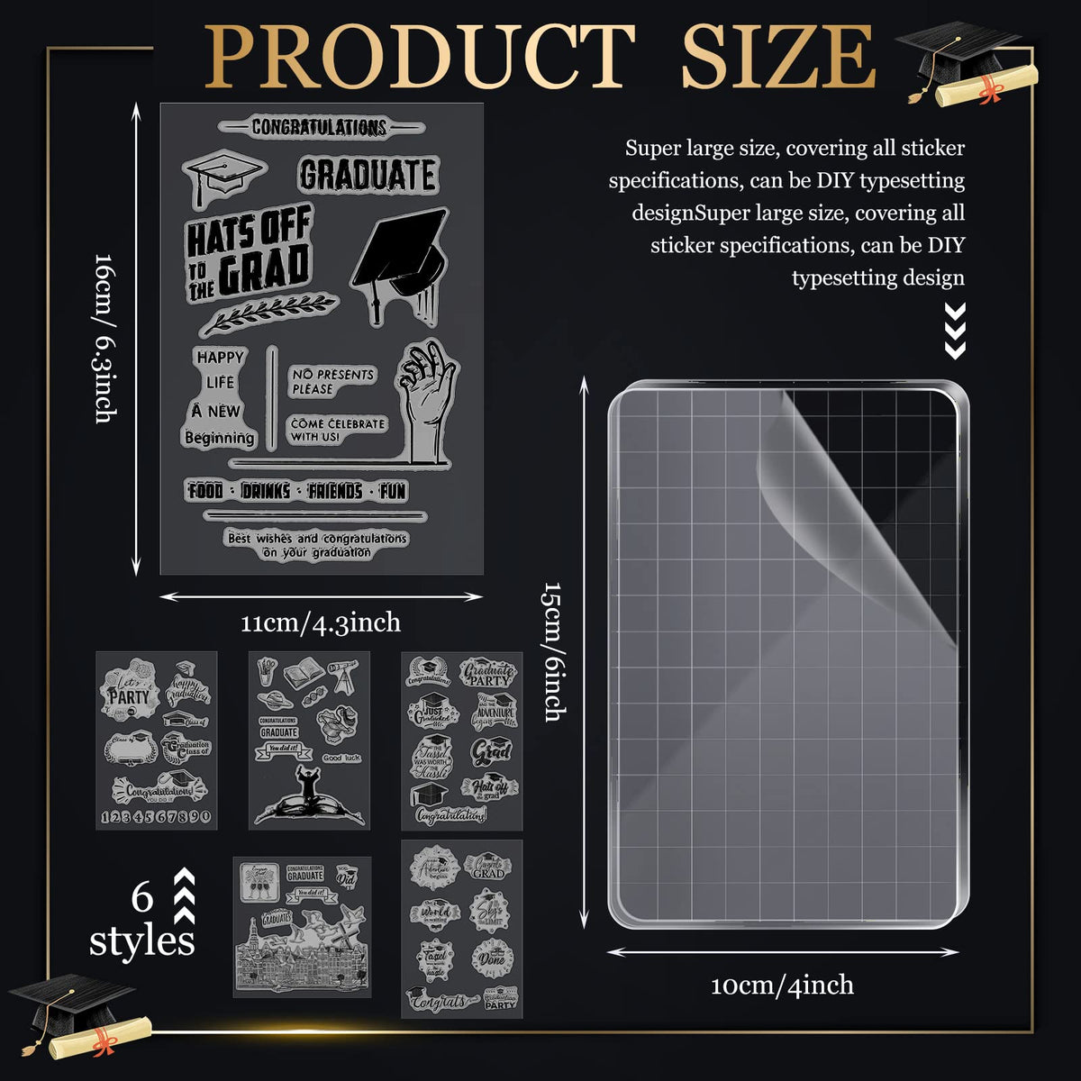 6 Sheets Graduation Silicone Clear Stamps Seal Set Acrylic Stamp Blocks Tools with Grid Lines DIY Scrapbooking Crafts Making Simply Rubber Stamps for Cards Congratulations Graduate