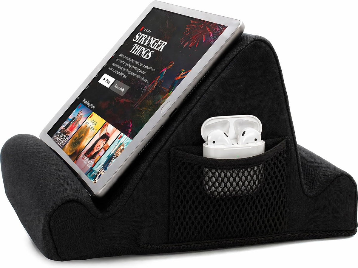 Brookstone Tablet Lap Cushion - Tablet and Phone Holder for Bed, Flights, and Travel, Two Angled Memory Foam Lap Desk for Reading and Hands Free Viewing, Compatible iPad and Kindle Accessories, Black