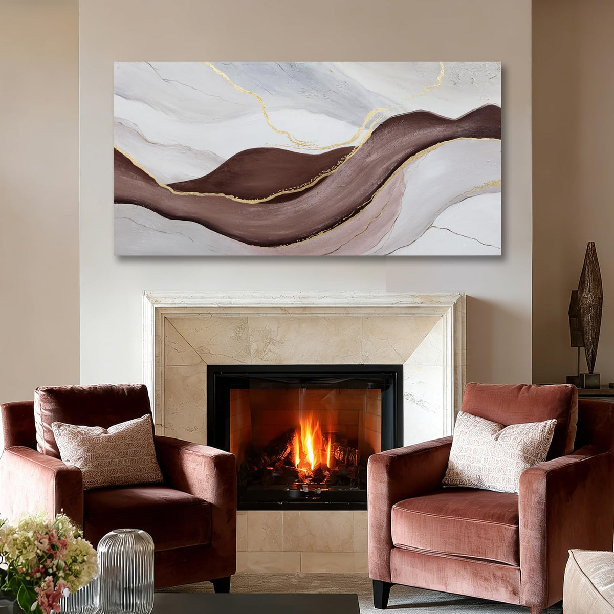 Hue7Art Modern Abstract Canvas Wall Art Neutral Flowing Lines Painting in White Gray and Brown, Minimalist Contemporary Artwork for Living Room Bedroom Office Wall Decor 24x48 Inch